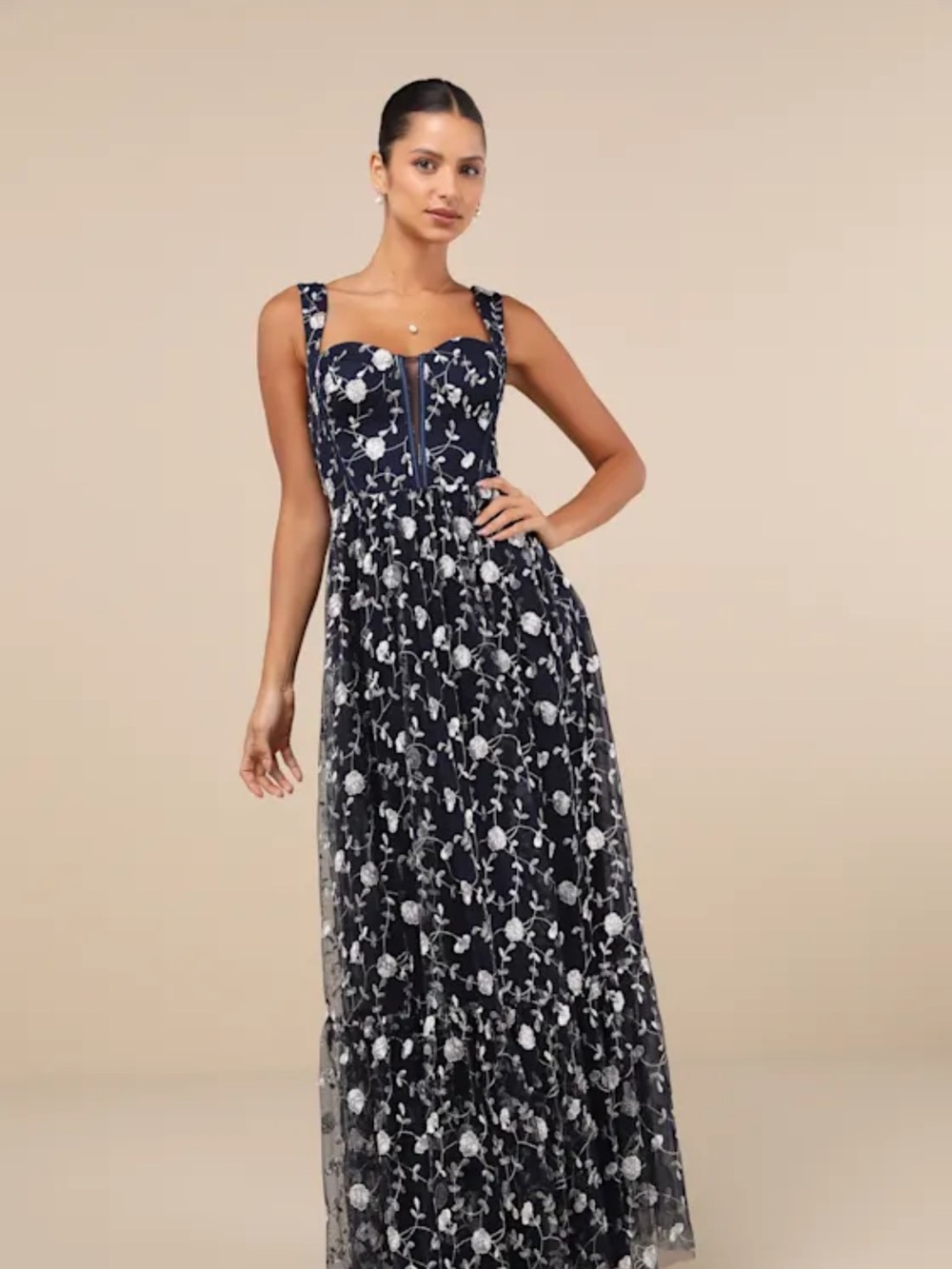Lulu's Gala Invite Navy Blue Embroidered Tulle Bustier Maxi Dress - Size Small